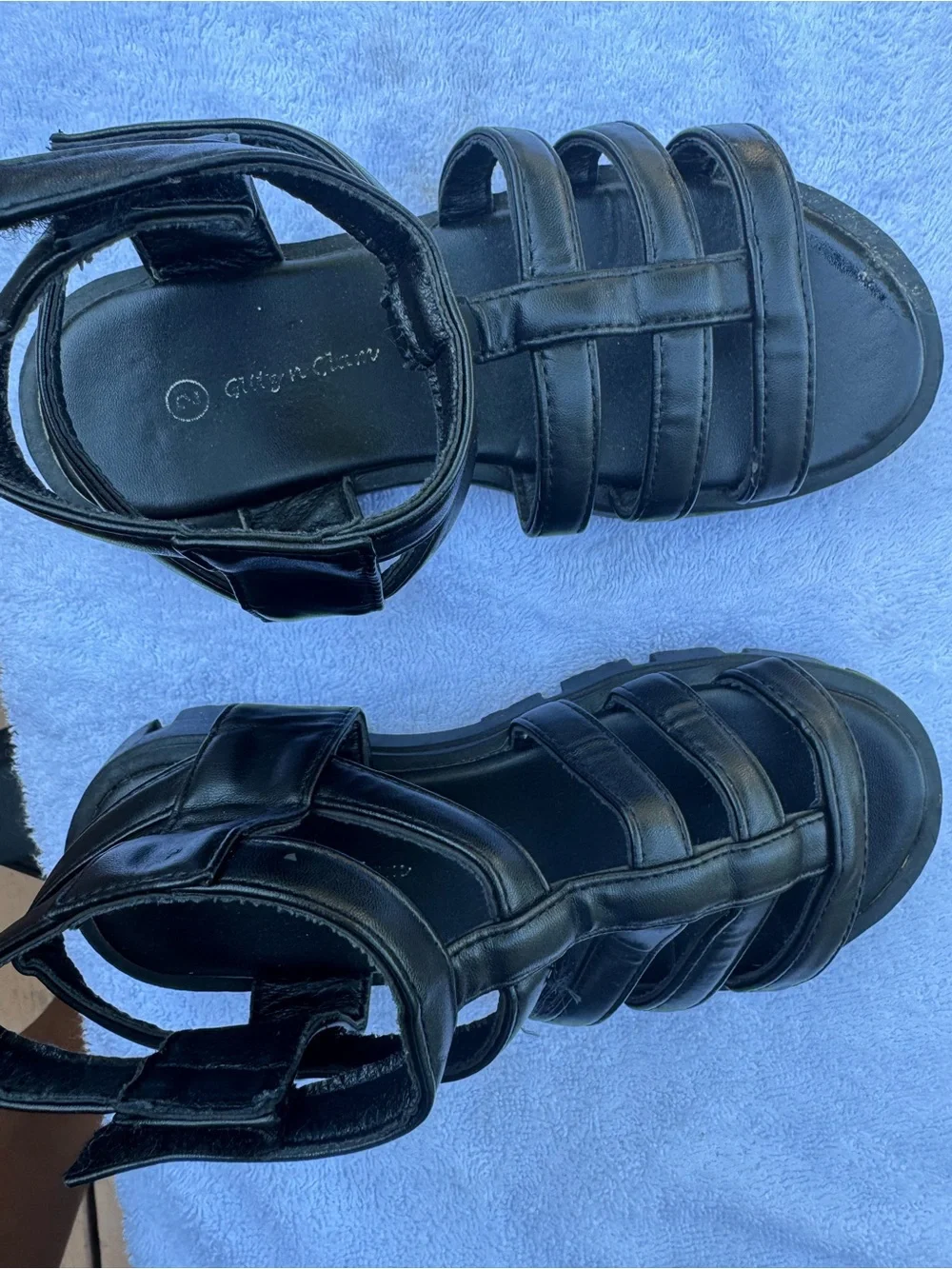 Girls Black Strappy Gladiator Sandals with Velcro Ankle Strap